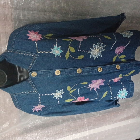 New Directions Blue Jean Floral Embroidered Jacket, 3X - Picture 1 of 7